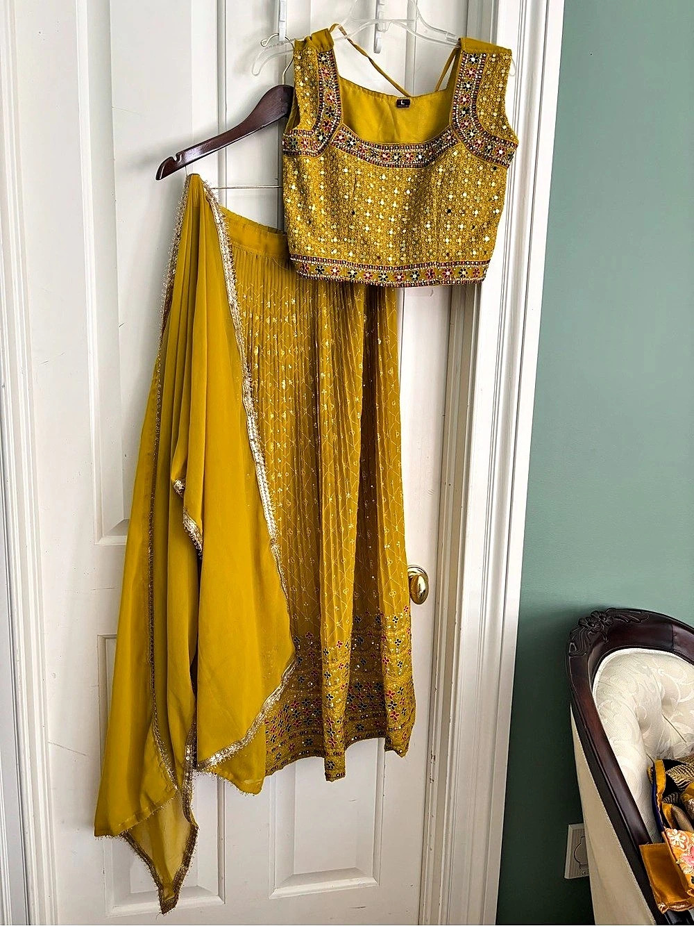 Mehendi function Yellow Embellished Lehenga Set 3 piece Size Medium. 36 inches